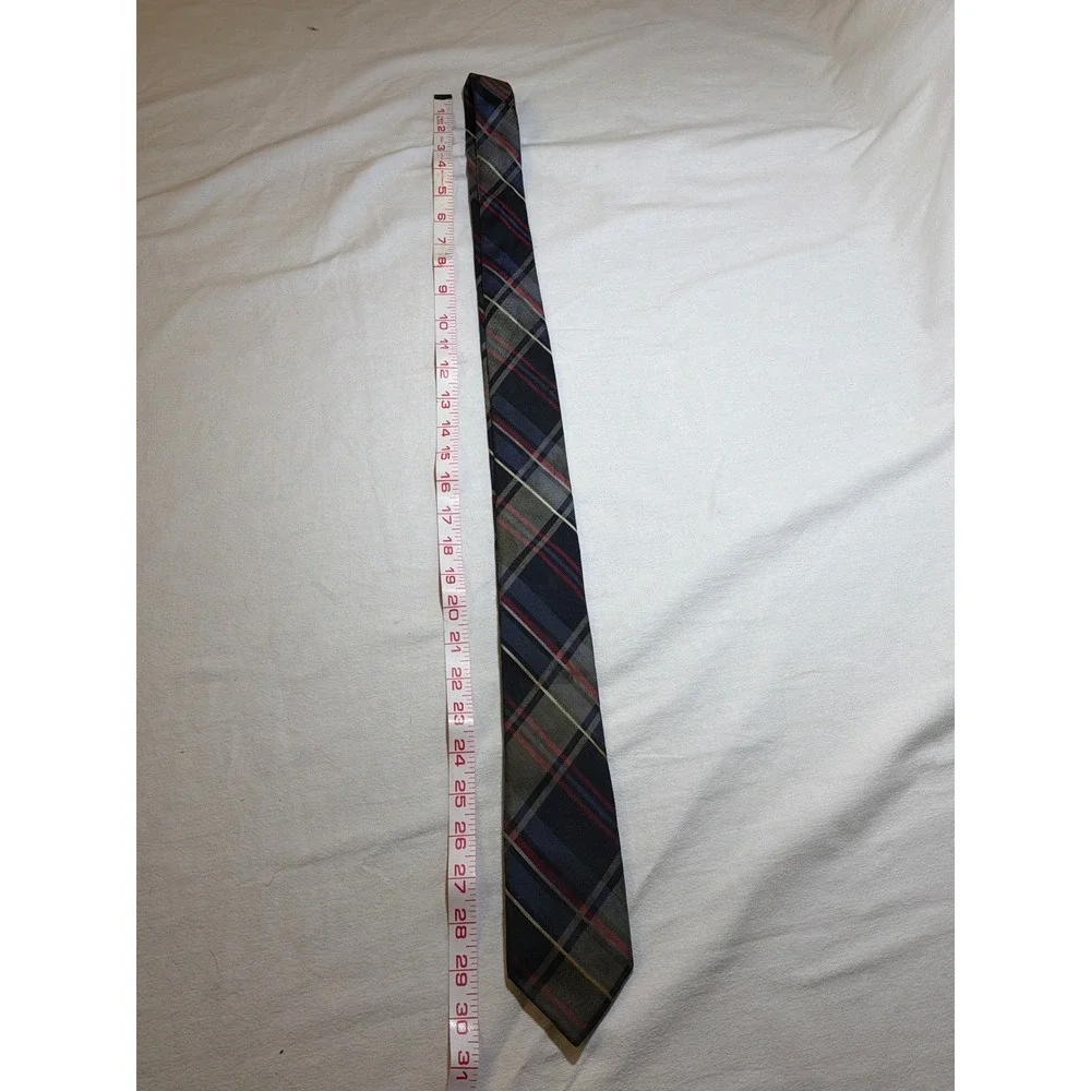 Mens Silk Plaid Necktie Navy Blue Olive Green Red Yellow Tartan RN 51093 Tie